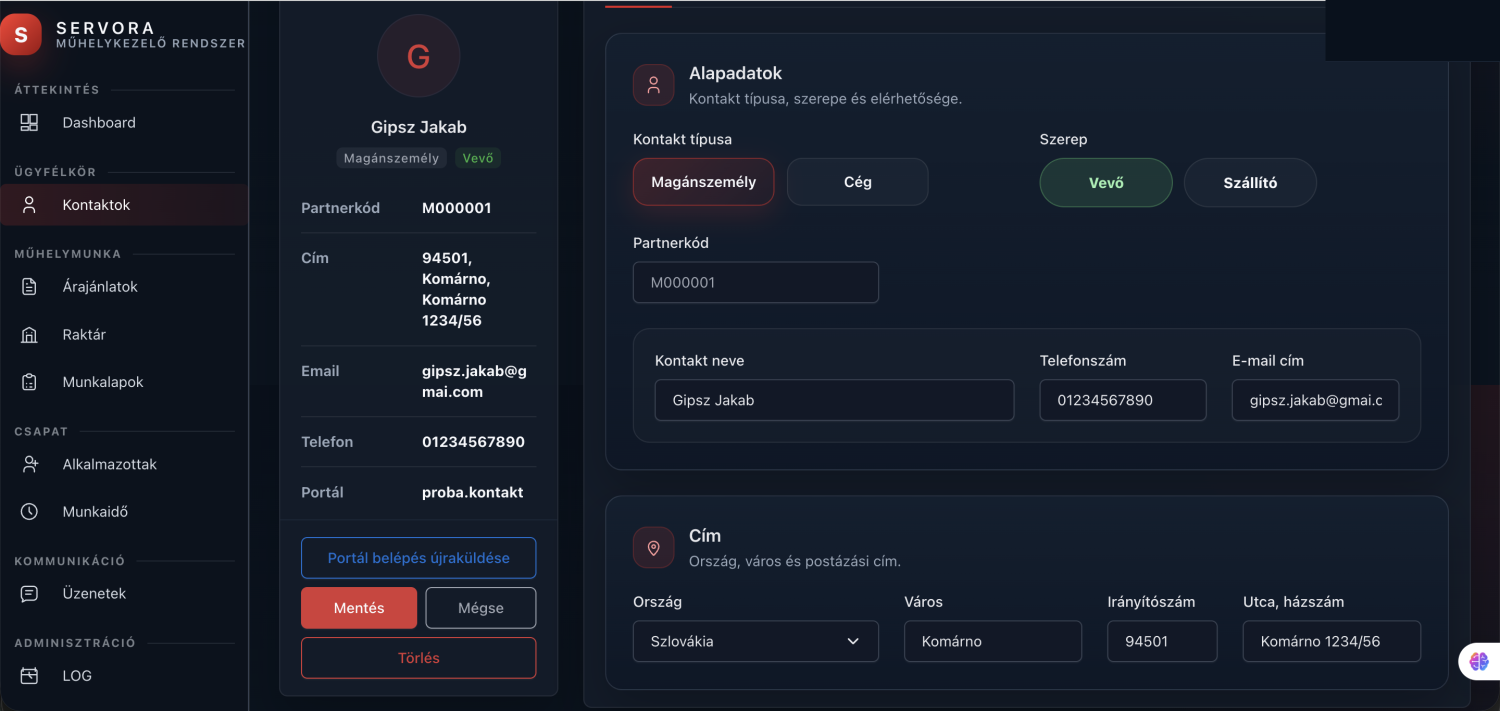 Servora kontakt szerkesztés előnézet