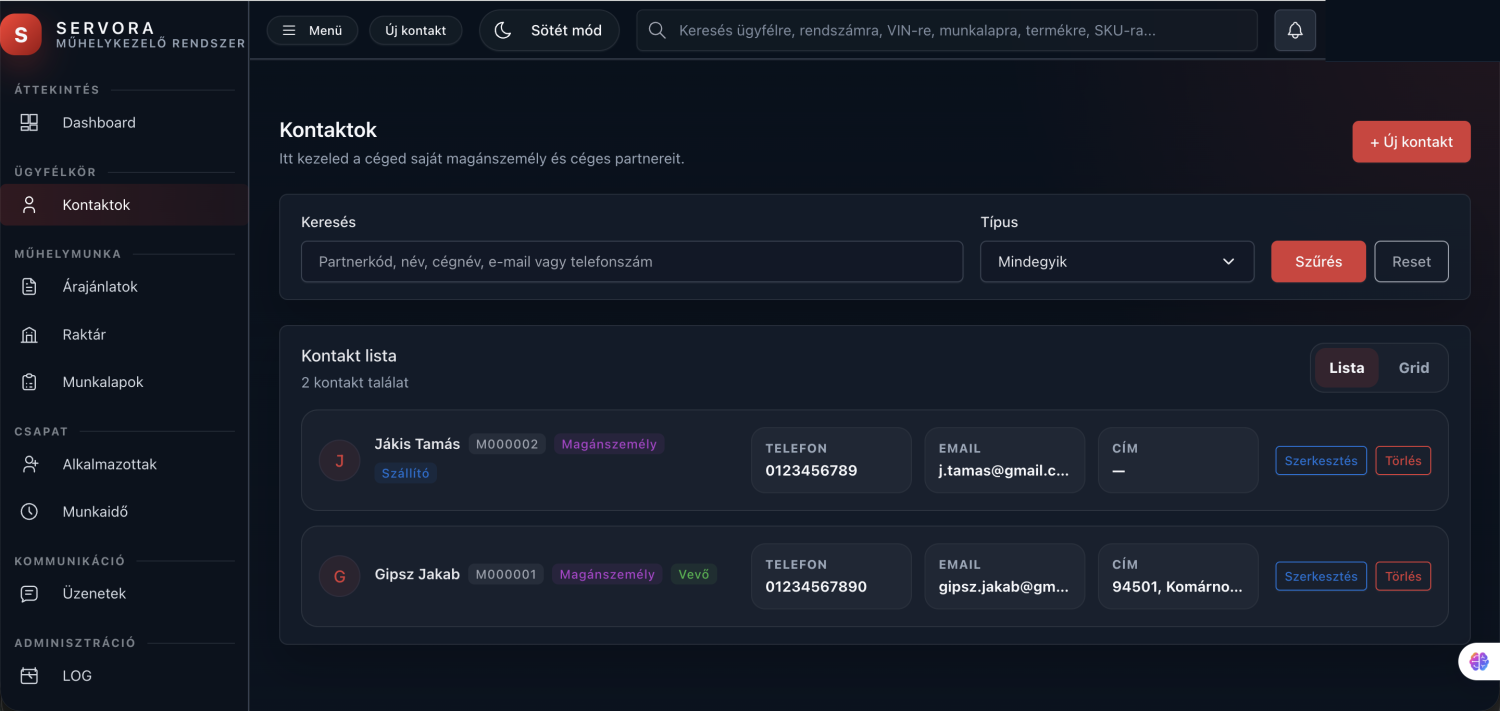 Servora kontakt lista előnézet