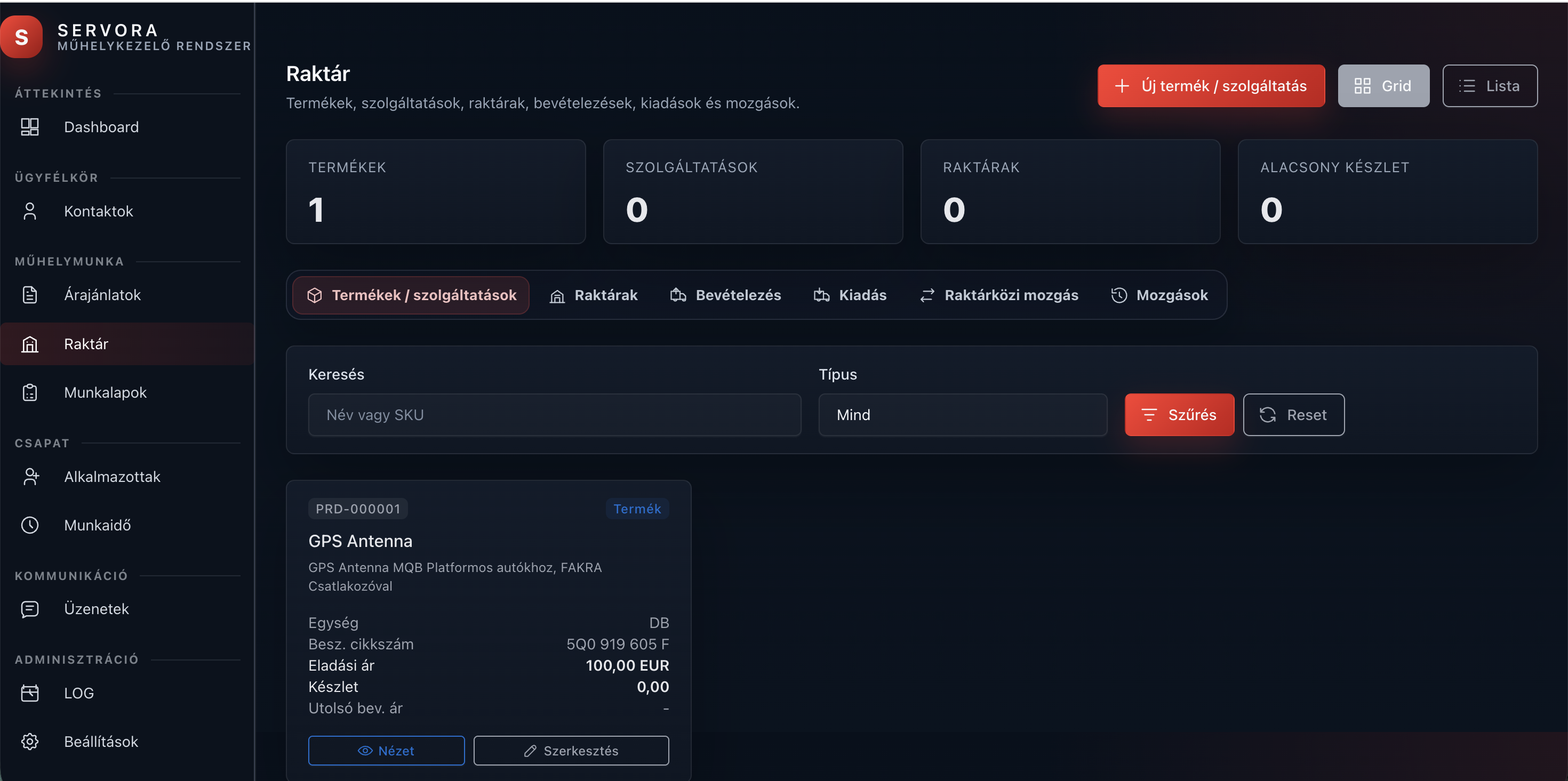 Servora raktár terméklista előnézet