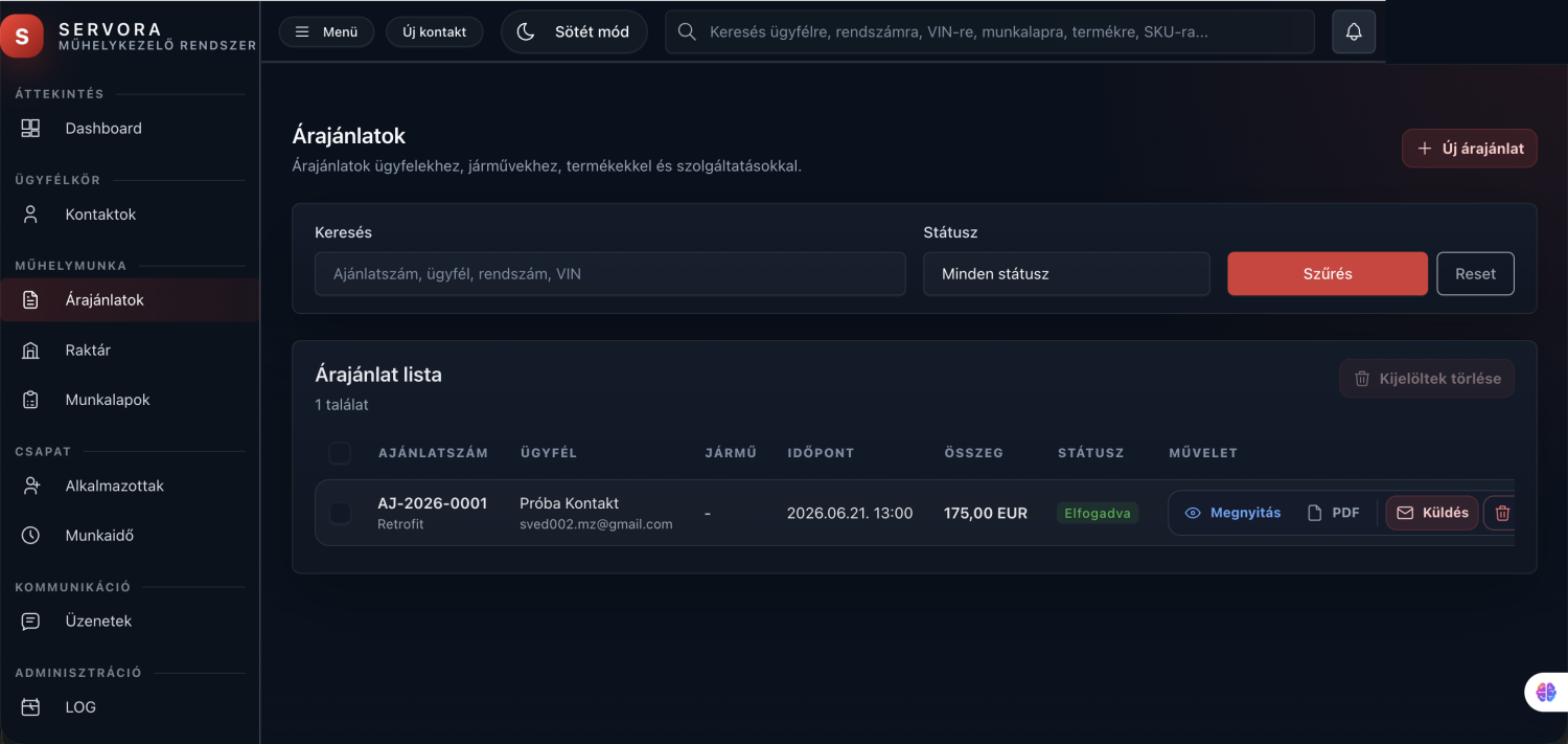 Servora árajánlat lista előnézet