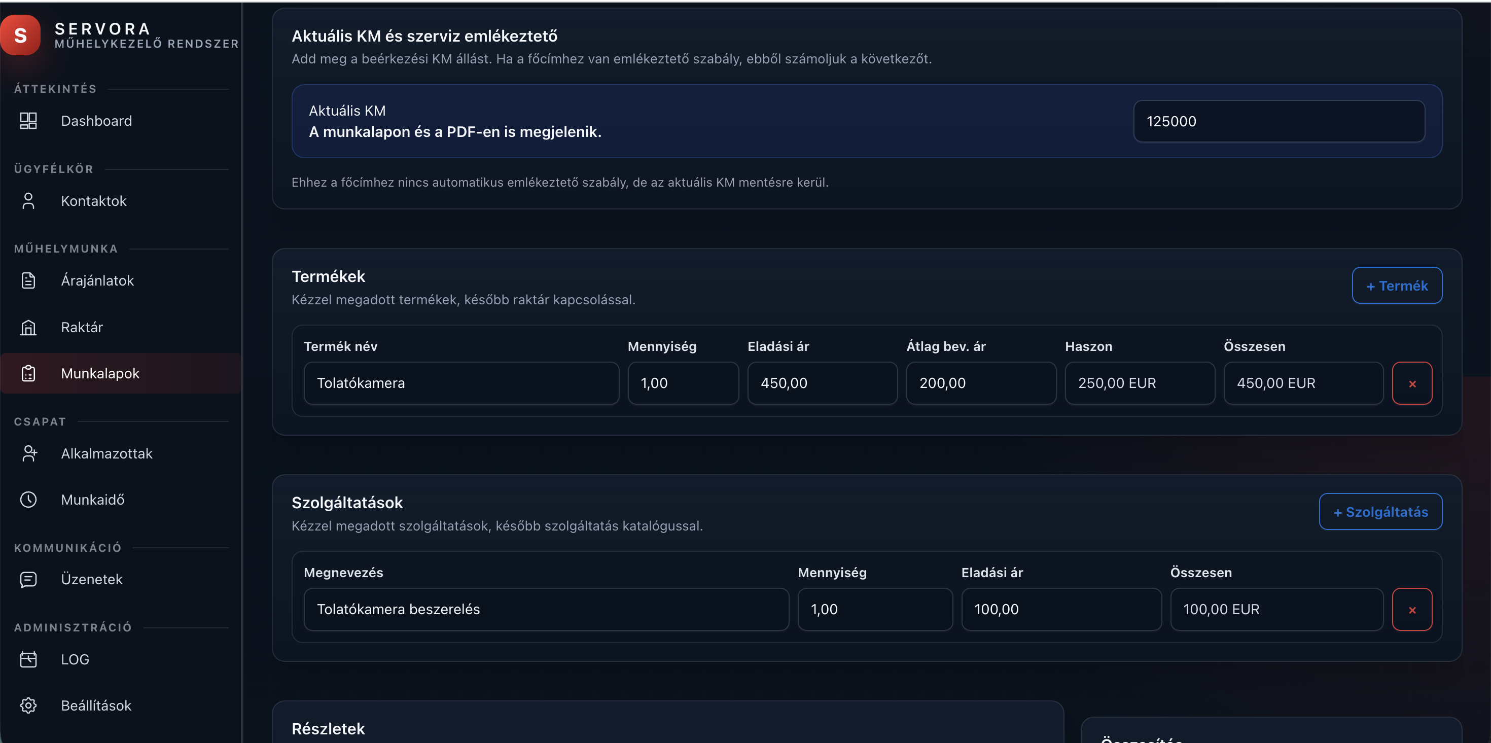 Servora munkalap szerkesztés termékekkel és szolgáltatásokkal